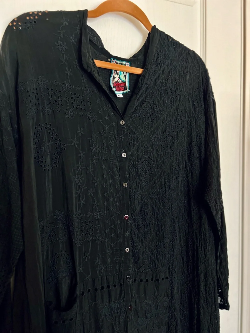 Johnny Was Black Embroidered Eyelet Semi-Sheer Maxi Duster Dress - Picture 3 of 9